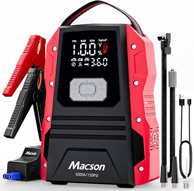 5000A Jump Starter with Air Compressor - Portable 12V Jump Box Battery Pack for 9.0L Gas/8.0L Diesel Engines, Car Jumper Starter Portable with 150PSI Tire Inflator, LED Screen, Fold-Up LED Flashlight