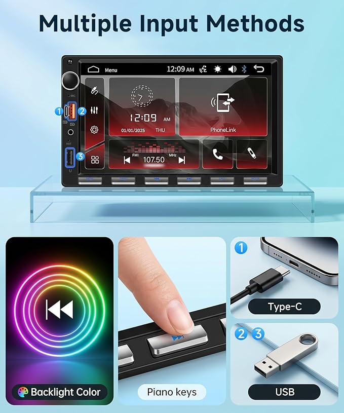 Double Din Car Radio Stereo, 7 inch Touch Screen Radio for Car Stereo Receivers, 2 Din Bluetooth Radio, Backup Camera, SWC, Mirror Link, Support FM/EQ/AUX, Type-C & USB Charging