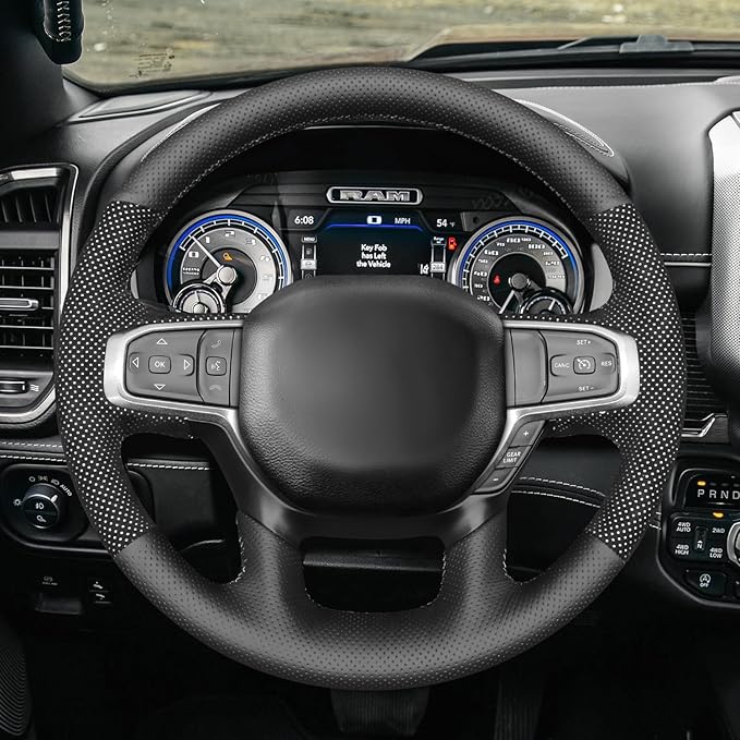 MEWANT Hand-Stitched Steering Wheel Cover Wrap for Dodge Ram 1500 2019-2023 Steering Wheel Accessories for Dodge Ram(Backsides Without Buttons)