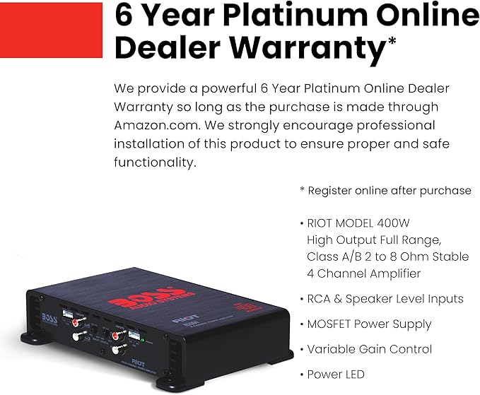 BOSS Audio Systems R1004 Riot Series 4 Channel Amplifier Car Audio - Class A/B, 400 High Output, 2-8 Ohm Stable, High/Low Level Inputs, Full Range