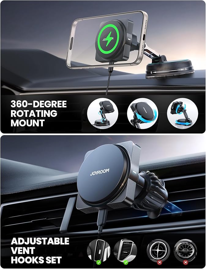 JOYROOM for MagSafe Car Mount Charger, [Smart Fingerprint-Touch Rotation] 15W MagSafe Wireless Car Charger[Vacuum & Gel 360° Base] Air Vent Dashboard Set for iPhone 17 16 15 14 13 12 Series, Cyan1
