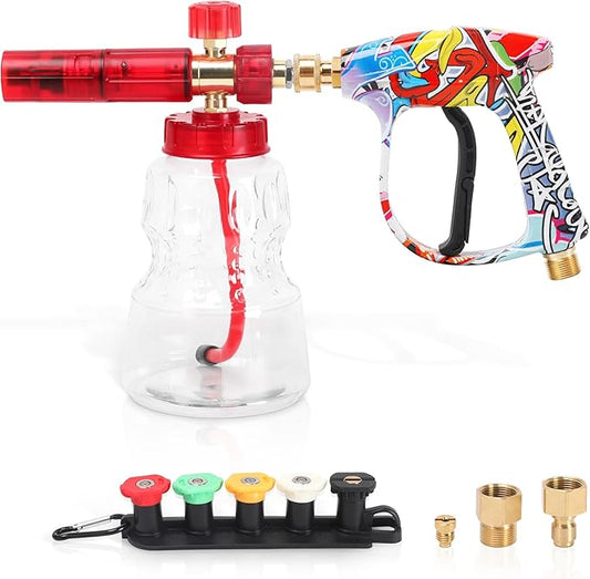 Graffiti Foam Cannon Kit with Short Pressure Washer Gun 3/8" Quick Connect M22-15mm Adapter Adjustable Snow Foam Bottle with 1/4" Quick Connect and 5 Nozzle Tips for Car Wash