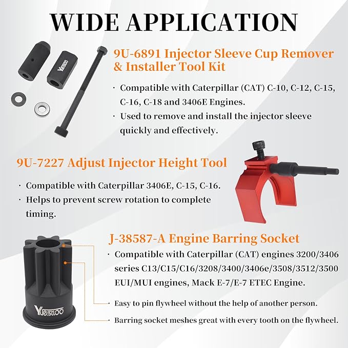 9U-6891 Injector Sleeve Remover Installer Set + J-42083 Automatic Timing Pin + 9U-7227 Injector Height Tool + J-38587-A Engine Barring Socket Fits for CAT Caterpillar 3406E C15 C16 Engines
