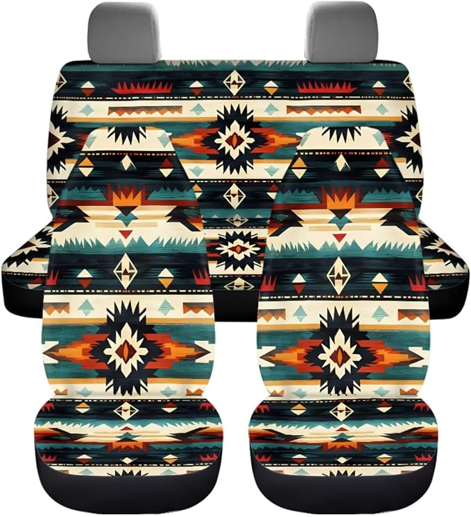 Dreaweet Aztec Car Seat Covers Full Set,Native American Geometric Car Deocr Set of 12,Universal Steering Wheel Cover with Center Console Cover,Cup Coasters,Seatbelt Covers,Gear Shift Handbrake Cover