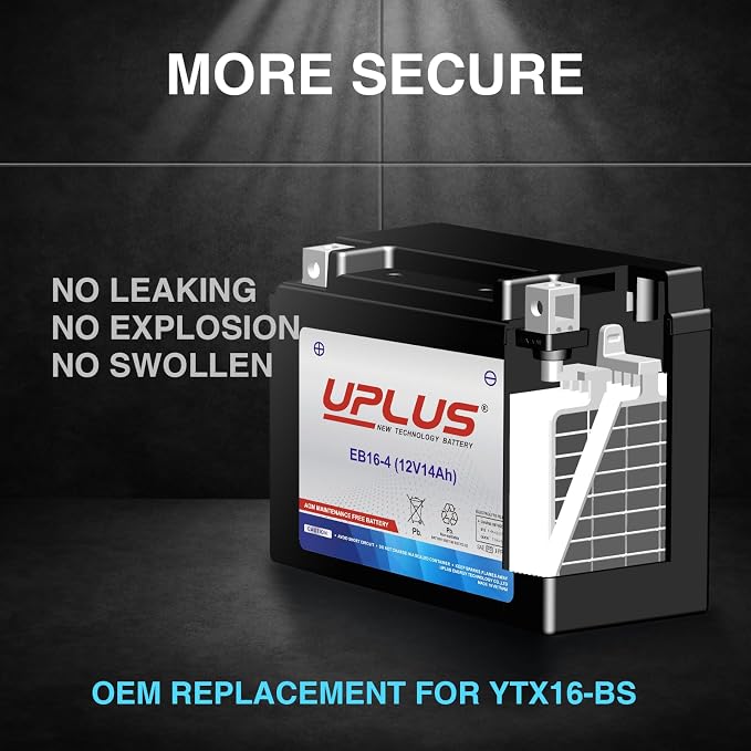 UPLUS Motorcycle Battery EB16-4 replace for YTX16-BS 12V14AH 215CCA Maintenance Free & High Performance AGM Replacement for UTV Snowmobile ATV