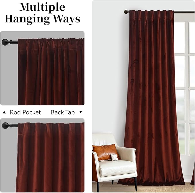 Roslynwood Luxury Soft Burnt Ochre Velvet Curtains 96 inches Long Back Tab Thermal Insulated Blackout Window Drapes for Living Room/Bedroom/Dining Room, W52 x L96, 2 Panels
