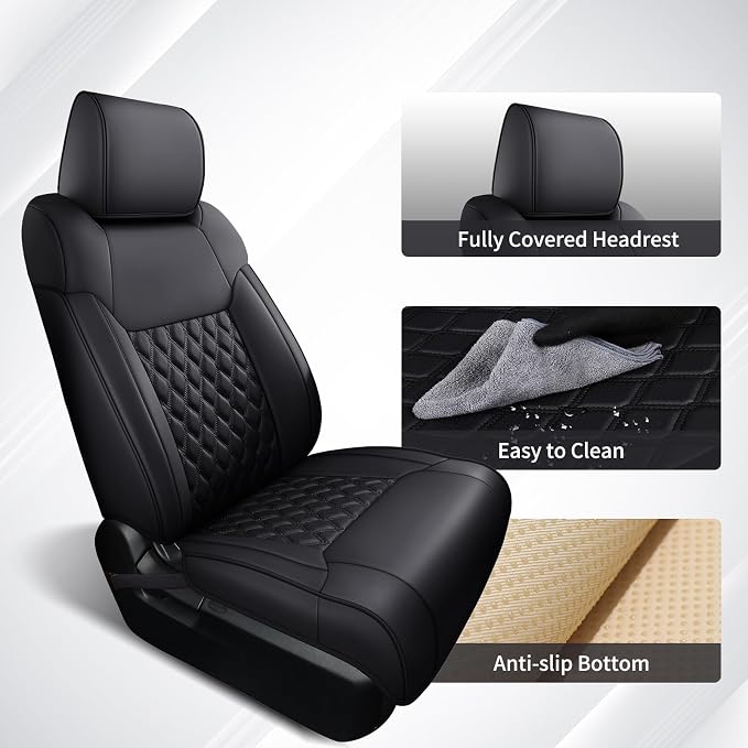 Huidasource Tundra Front Seat Covers, Full Coverage Automotive Black Leather Car Seat Cushion Cover Custom Fit for 2014-2021 Toyota Tundra CrewMax Pickup Truck (Front Pair/Black)