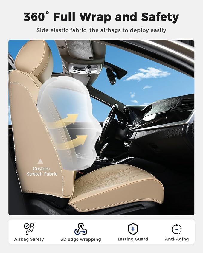 Huidasource Car Seat Covers Full Set, Leather Seat Cover Universal Fit for Most Cars Sedans SUVs Trucks, Airbag Compatible, Cup Holder Access, Easy Install, Wipes Clean, Wear-Resistant, Beige