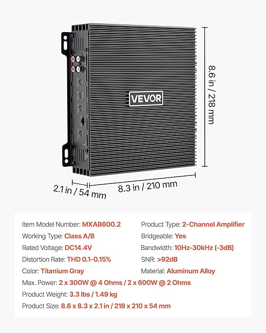 VEVOR 2 Channel Car Audio Amplifier 2 Ohm Stable Bridgeable Class A/B Full Range Stereo Amp Max Power 2 x 300W @ 4 Ohm / 2 x 600W @ 2 Ohm for Car SUV Truck Off-Road