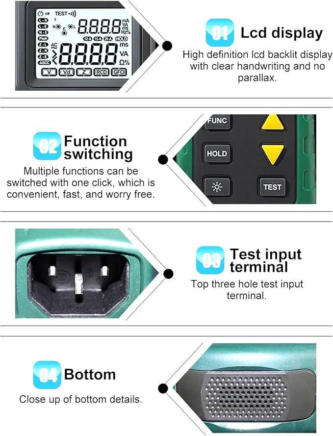 Circuit Analyzer AC100-240V RMS Circuit Analyzer Tester MS5908A LCD Circuit Analyzer, Voltage Detector GFCI RCD Fault Tester (MS5908A US Plug)