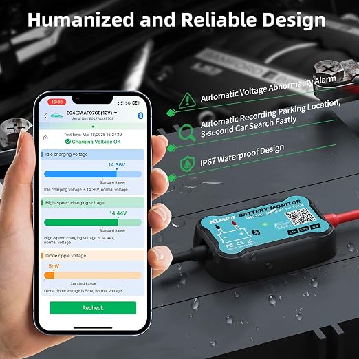 24V 12V 6V Bluetooth Battery Monitor BM7–Work for All Lead-Acid & Lithium Battery with Charging, Cranking System Test & Auto Alarm – Waterproof Voltmeter for Cars, Vans, Trucks, Motorcycles, Boats