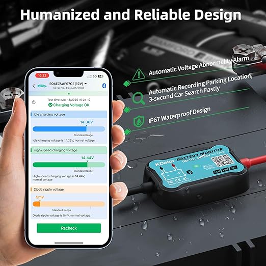 6V 12V 24V Bluetooth Battery Monitor BM7–Work for All Lead-Acid & Lithium Battery with Charging, Cranking System Test & Auto Alarm – Waterproof Voltmeter for Cars, Vans, Trucks, Motorcycles, Boats