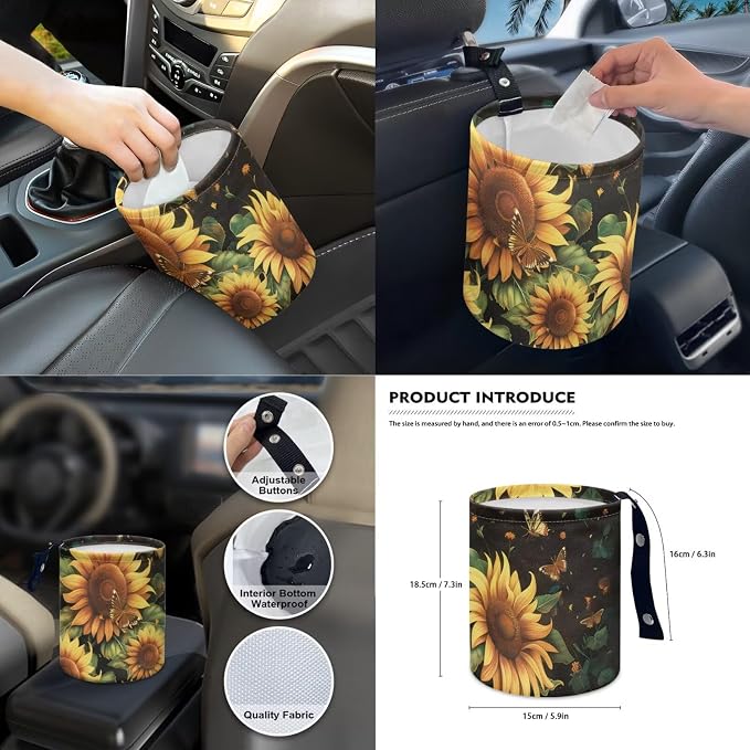Sunflower Print Full Set Car Seat Covers with Accessories Decorative Front and Rear Split Bench Seat Covers Steering Wheel Cover Armrest Cushion Universal Fit Sedan SUV Truck