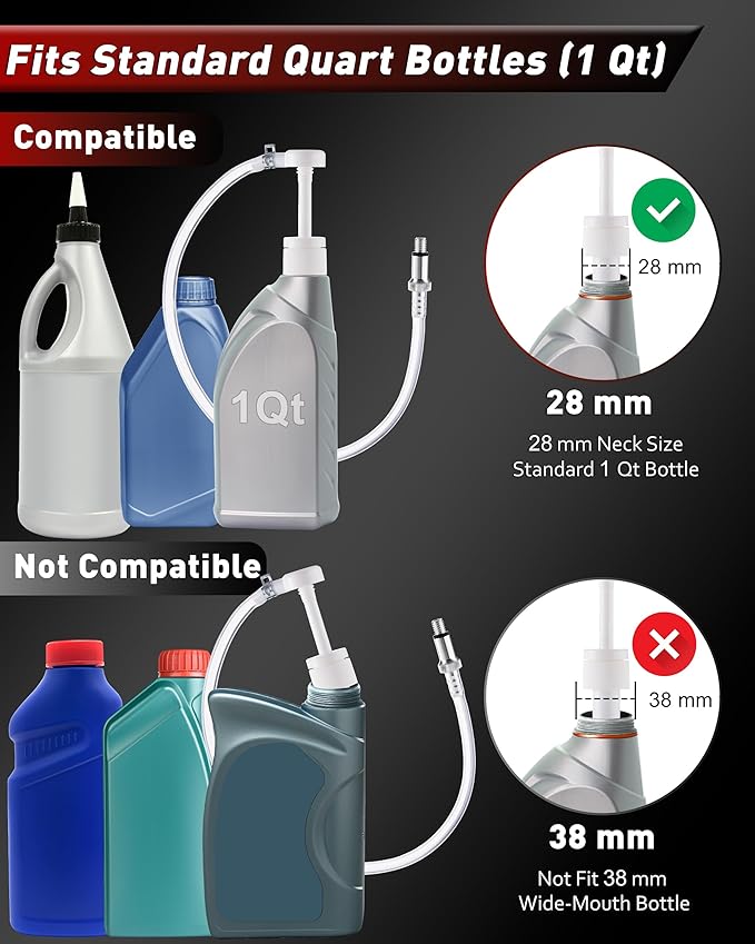 Lower Unit Gear Oil Pump for Standard Quart Bottles, 8cc Pump per Stroke, Transfer Gear Oil, Differential & Tramsmission Fluid, Hand Fluid Pump for 28mm bottle caps, 3 Metal & 3rd Adapters