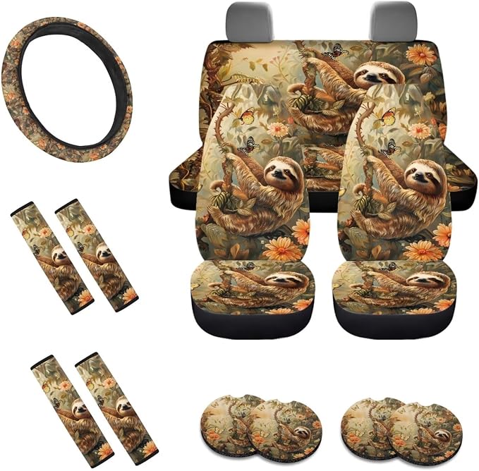 Sloth Butterfly Daisy Print 13 Pieces Car Interior Accessories, Auto Front and Rear Seat Cover Set of 4, 1 Comfort Steering Wheel Cover, 4 Soft Seat Belt Cover, 4 Cup Holder Coasters
