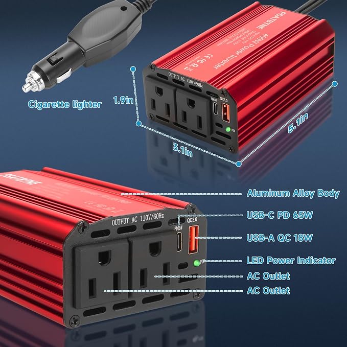 400W Power Inverter, FSATBTNE DC 12V to 110V AC Car Plug Adapter Outlet Converter with [65W PD USB-C] & [18W QC USB-A] Fast Charging Ports and 2 AC Outlets Car Power Inverters for Vehicles