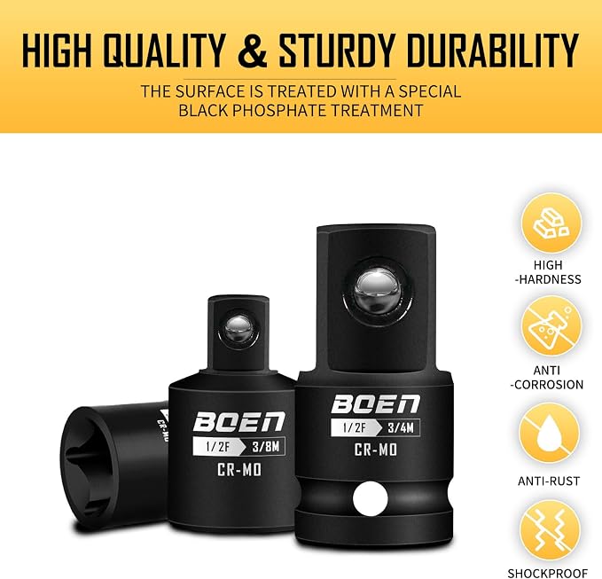 BOEN 38 Piece Impact Socket Set and Adapter Set, Standard SAE, 1/4", 3/8", 1/2" Impact Driver Conversions, Deep & Shallow Metric Socket Set 8mm to 22mm, Includes 5", 10" Extension Bars, Universal Join