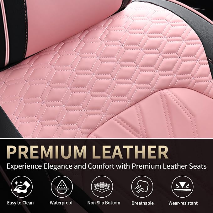 FLORICH Automotive Seat Covers Leather Pink Seat Covers for Cars Front Seats Waterproof Breathable Car Seat Cushion Comfort Interior Covers Universal Fit for Most Car Truck SUV Driving, Black&Pink