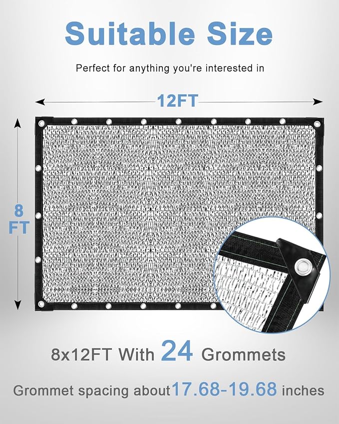 vensovo 40% Aluminum Shade Cloth - Reflective Aluminium Shade Netting Sun Shade Cover with Grommets for Cars, Dogs, Outdoor, RV, Patio (8x12FT)