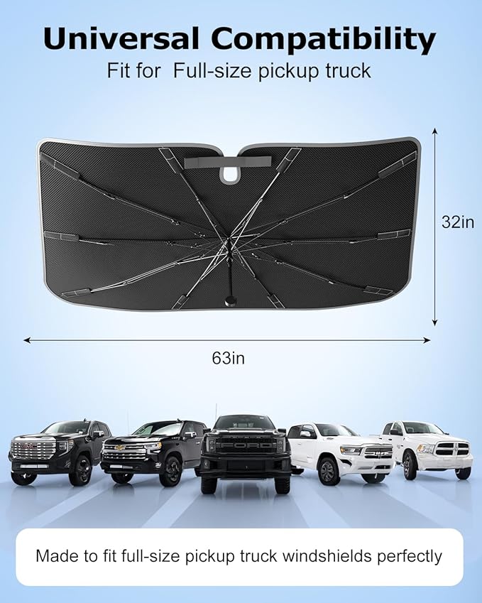[2026 Upgraded] Weektic Truck Windshield Sun Shade for F-150/Silverado/Tundra/RAM 1500/Sierra - 5 Layers Ice Crystal Coating Blocks 99% UV, Cools Interior | 360° Swivel Handle for Easy Use