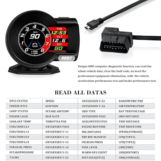 obd2 Gauges Display Car HUD Head Up Display F8 Plus,OBD+GPS Gauge, Digital Speedometer for Car with Water Temperature, Voltage, Fuel Consumption, RPM,obd2 Gauge Speedometer Suitable for All Car