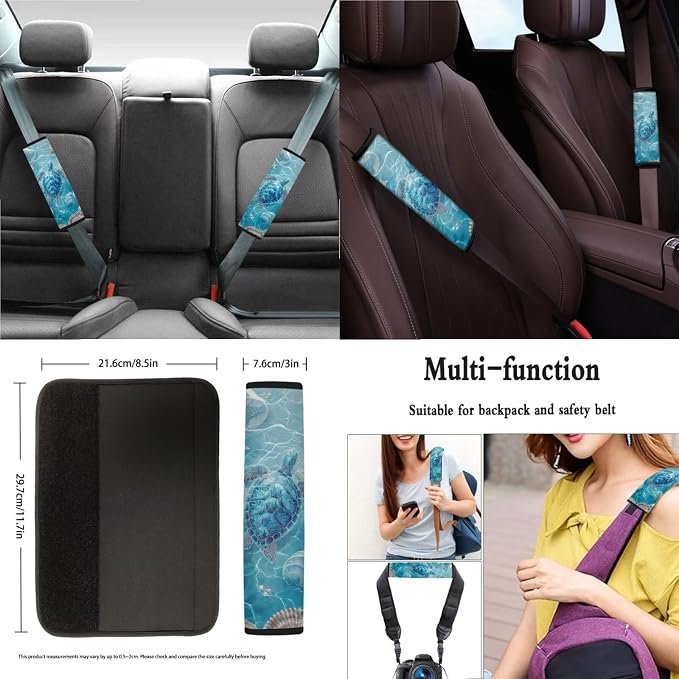 Suobstales Turtle Conch Seashell Print Car Seat Covers 11 Pcs Car Accessories Interior Set Auto Front Rear Split Seats Protectors with Steering Wheel Cover, Seatbelt Pads, Cup Holder, Keychain
