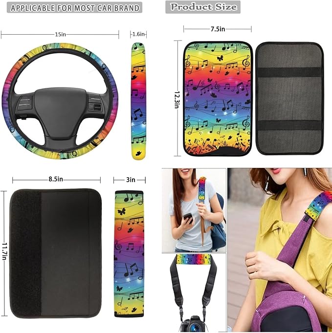Mumeson 8 Pack Auto Accessories Set Music Note Car Seat Covers Full Set with Seat Belt Pads Shoulder Cushion + Steering Wheel Cover + Armrest Cushion for Car Universal Size Car Accessories