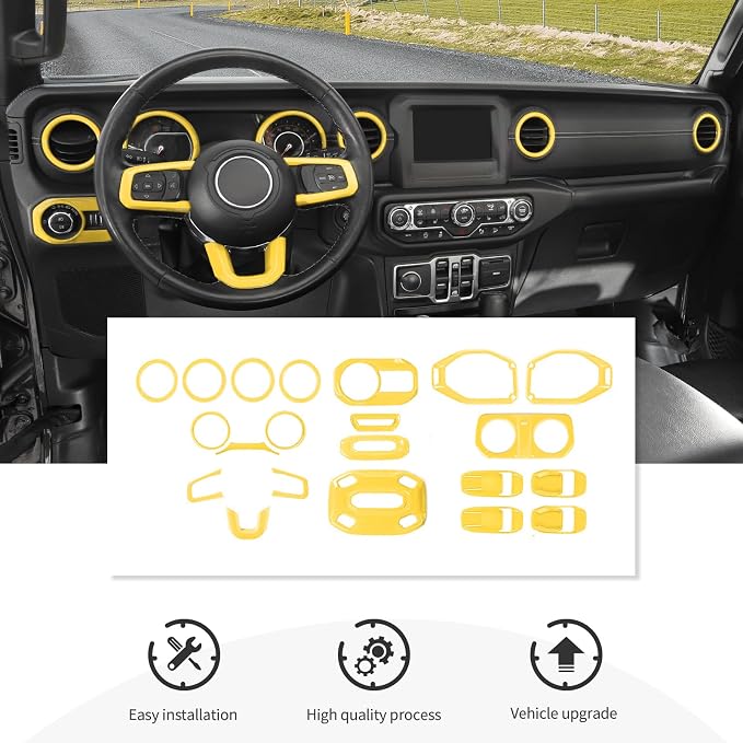 21PCS Yellow Interior Trim Kits Fit for 2018-2023 Jeep Wrangler JL JLU & Gladiator JT 4Door Interior Decor Accessories Dashboard AC Headlight Switch Roof Speaker Inner Door Bowl Steering Button Frame
