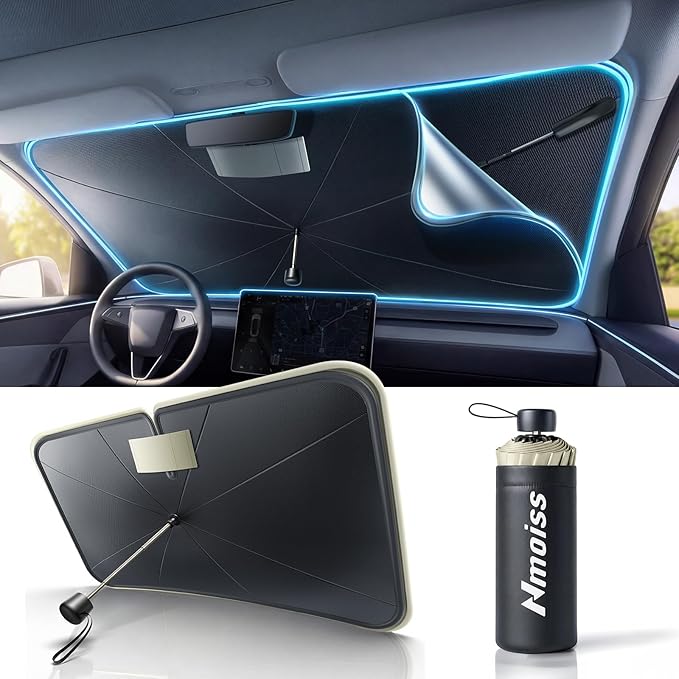 Nmoiss True Dual Layer Air Cooled Windshield Sun Shade Umbrella - [Drive to Superior Coolness & Comfort] Block 99% UV Sun Rays & Heat Damage Keep Cool and Protect Interior XL