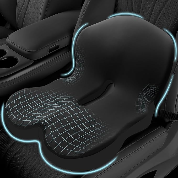 Memory Foam Seat Cushion for Sciatica & Back Pain Relief - Ergonomic Chair Pad with Adjustable Strap & Supportive Comfort Cover, Non-Slip for Car, Truck, Office Chair -Black