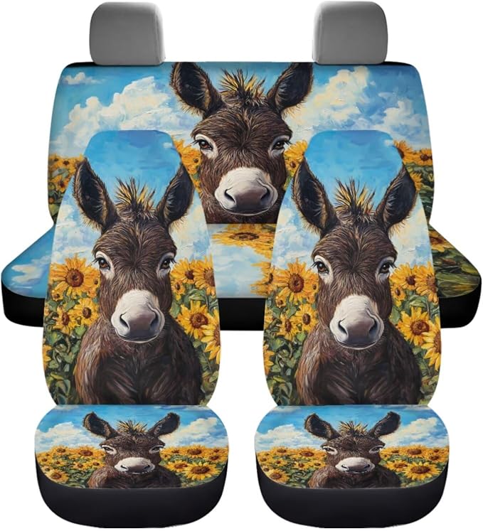 Donkey Car Seat Covers Universal Fit Most Vehicles Seat Cushion Covers Full Set with Steering Wheel Cover/Coasters/Seatbelt Pad/Shift Knob Handbrake Cover Sunflower Auto Accessories Set of 11