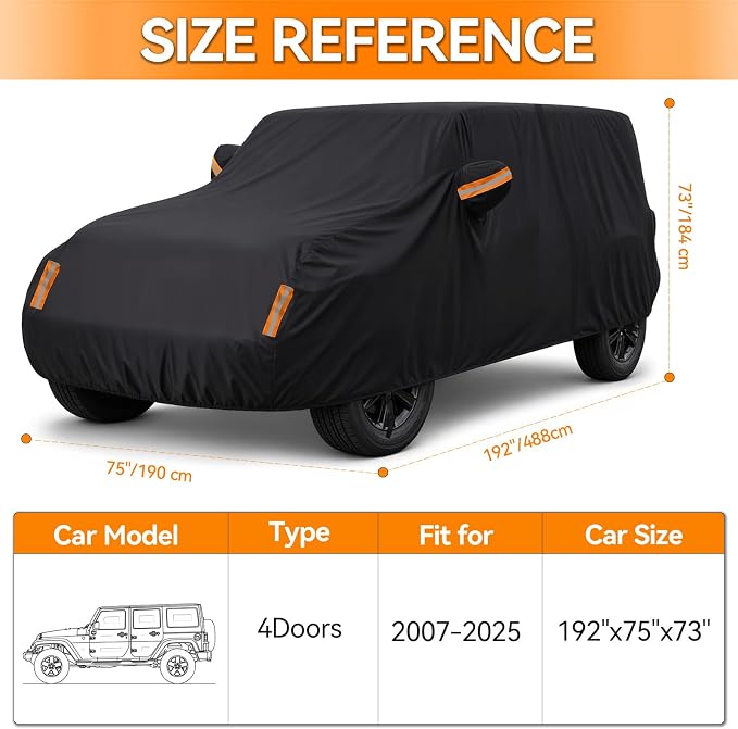 Car Cover for Jeep Wrangler 4 Door 2006-2026 JK JL Outdoor Waterproof Sun Rain Snow Hail UV Protection with Driver Door Zipper