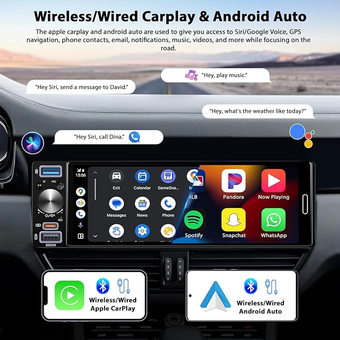 Inefala 6.5" Wireless Carplay Car Stereo Incell Single Din Touchscreen Radio Android Auto Bluetooth 5.2 Backup Camera Car Audio Receiver USB Type C FM RDS EQ SWC MIC