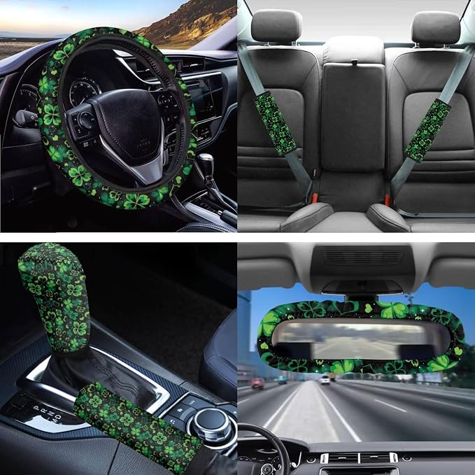 Green Car Accessories 14Pcs Love Heart Green Leaves Car Seat Covers Full Sets St Patrick Day Decorations for Most Vehicle Truck Gift,Universal Steering Wheel/Seatbelt/Key/Mirror Cover/Coaster