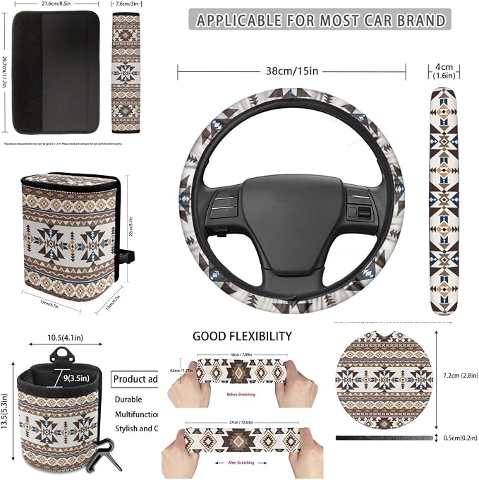 XYZCANDO Tribal Patterns Car Interior Sets 15 PCS Car Seat Cover Set Steering Wheel Cover Storage Box Seat Belt Pads Cover Garbage Bag Rear View Mirror Cover Coasters Keychain Fit Most Cars