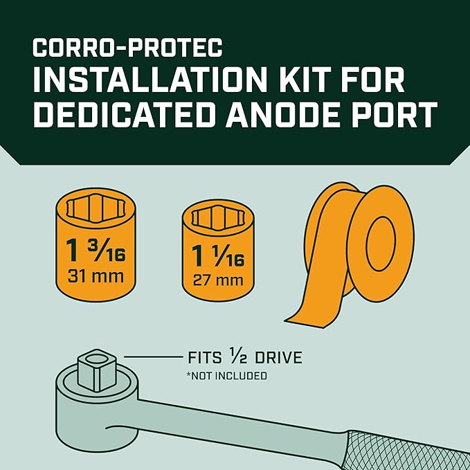 Corro-Protec Powered Anode Rod Installation Kit with Teflon Tape, 1-1/16 Socket, and 1-3/16 Socket - Essential Tool Kit for Easy and Secure Installation