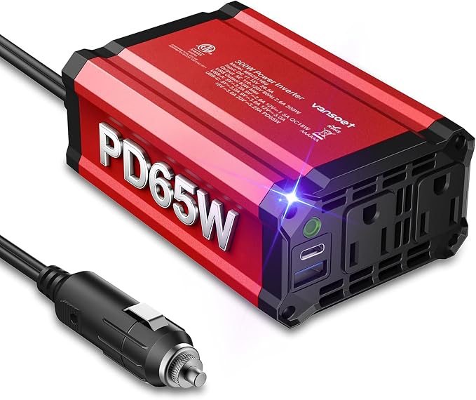 【2026 Upgraded】 300W Car Power Inverter - vansoet DC 12V to 110V AC(2 Outlets) Power Inverters with PD65W & QC18W Fast Charging Port - Car Charger Cigarette Lighter Adapter for Laptop/Phone/Road Trip