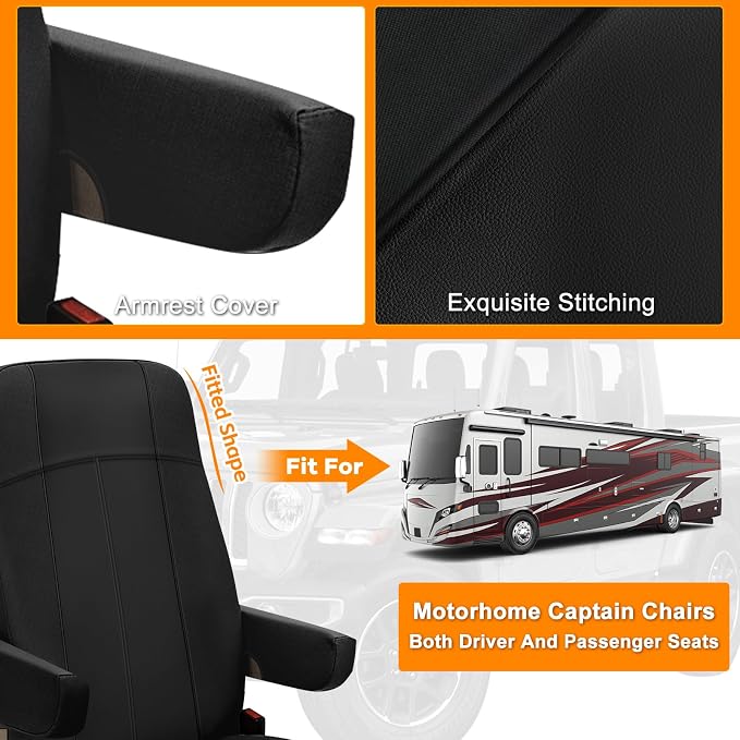 RV Seat Covers Compatible with Motorhome Captain Chairs, Driver & Passenger Leather and Neoprene Fabric Seat Covers,All Black