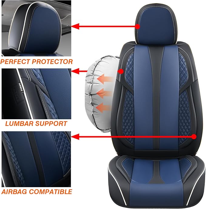 2-Seater Car Seat Covers Full Set Waterproof and Breathable Nappa Leather, Fit for Front Seats of Cars, Compatible with Airbags, Car Seat Protector Covers for Most Cars - Black Blue