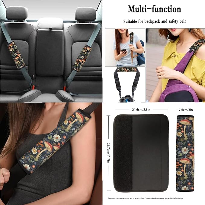 Car Accessories Car Seat Covers Full Set/Seatbelt Shoulder Pads/Coasters/Key Ring/Lipstick Holder for Women's Vehicle Decor(13 Pack), Vintage Mushroom Floral Dragonfly Print