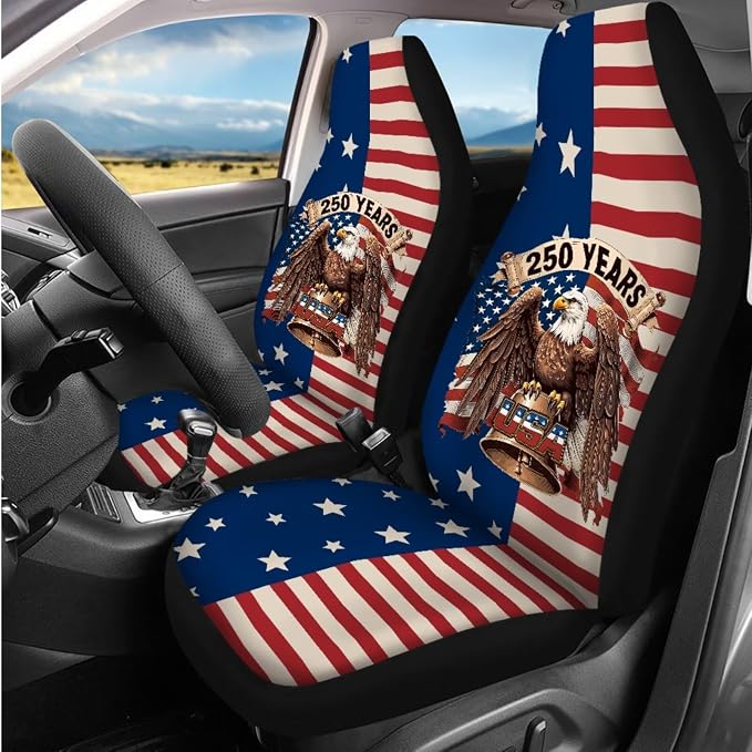 Bulopur American Flag Eagle Auto Seat Covers Front and Rear with Steering Wheel Cover Center Console Cushion Car Seat Headrest Covers Seat Belt Pads 250 Years Anniversary Car Interior Decor Set