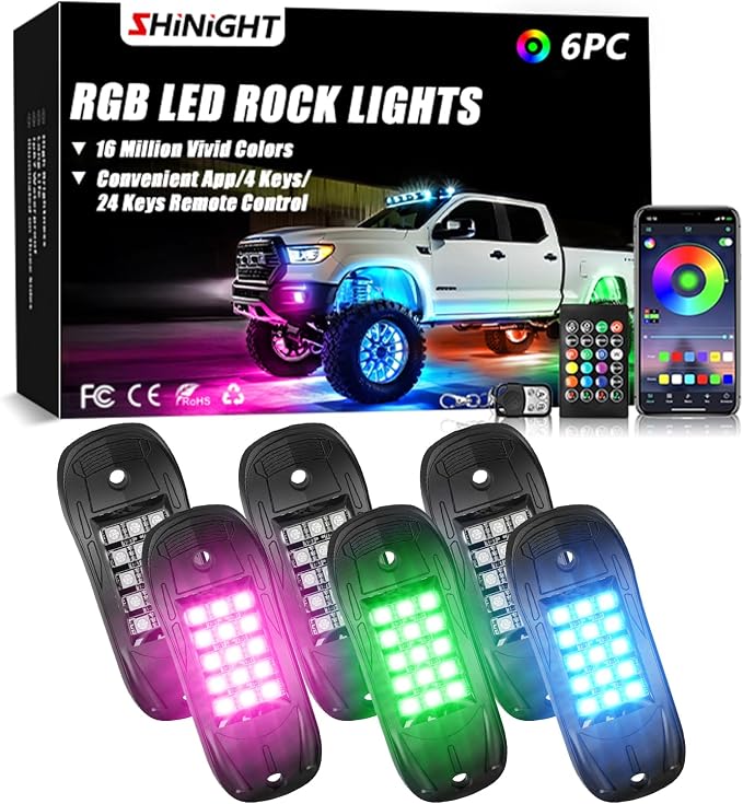SHINIGHT 6-Pods RGB LED Rock Lights for Trucks,Bluetooth App Control | Multi-Color Bright Underglow Kits | Waterproof | Flashing Music Mode | For UTV/SUV/ATV/RZR