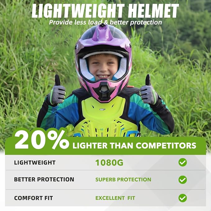 Youth Dirt Bike Helmet DOT Approved, Kids Motocross Full Face Helmet with Adjustable Goggles Riding Gloves & Storage Bag, Off-Road Sport Gear Set for Boys Girls ATV UTV
