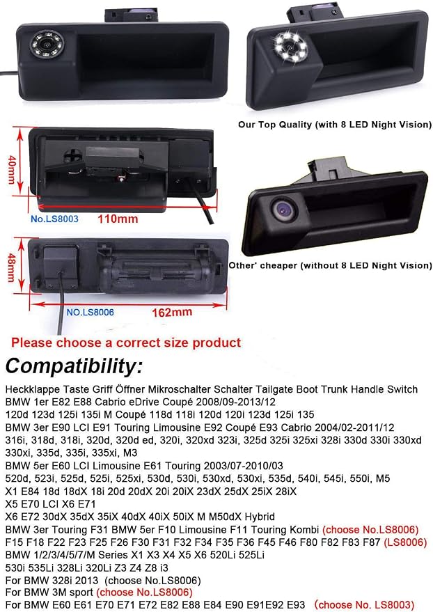 HD 8LED Night Vision Rear View Reverse Trunk Handle Backup Camera Compatible with BMW 520Li 525Li 530i 535Li 328Li 320Li Z3 Z4 Z8 i3/328i/F30 316i/F15/E60 E61 E70 E71 E72 E82 E88 E84 E90 E91 E92 E93
