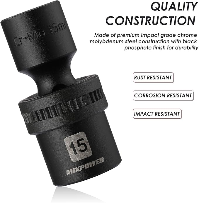 MIXPOWER 15-piece 1/2" Drive Shallow Universal Impact Socket Set, 6 Points, Metric, 10-24mm, Swivel Socket with Flexible Wobble, CR-MO, Heavy Duty Storage Case… B08JTJVV8M