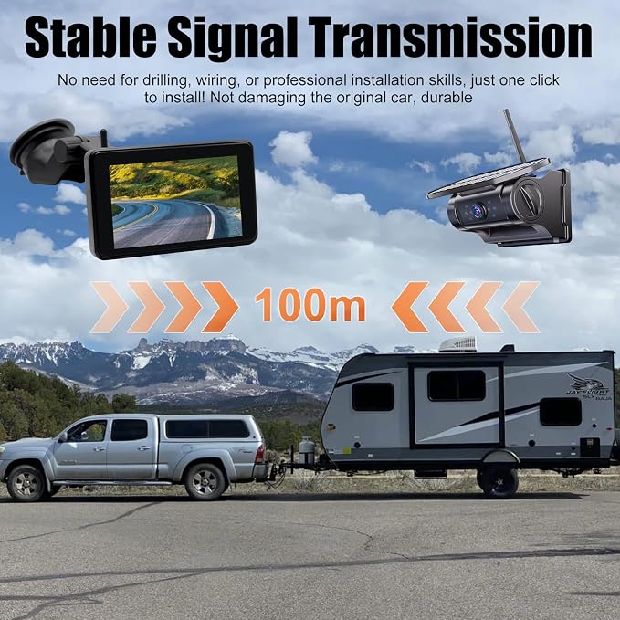 Magnetic Solar Wireless Backup Camera with AI Detection Alert, 5” 1080P HD 4-Split Monitor, 9600mAh Battery, IP67 Clear Night Vision, Video Recording Rear View Camera for Truck RV Trailer 5th Wheels