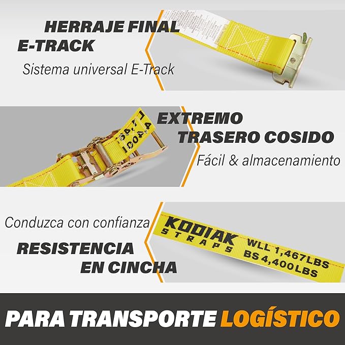 4 Pack E-Track Ratchet Straps 2" x 16' x 4,400 lbs Strength for Cargo Tie Down in Enclosed Trailer & Van by KODIAK STRAPS