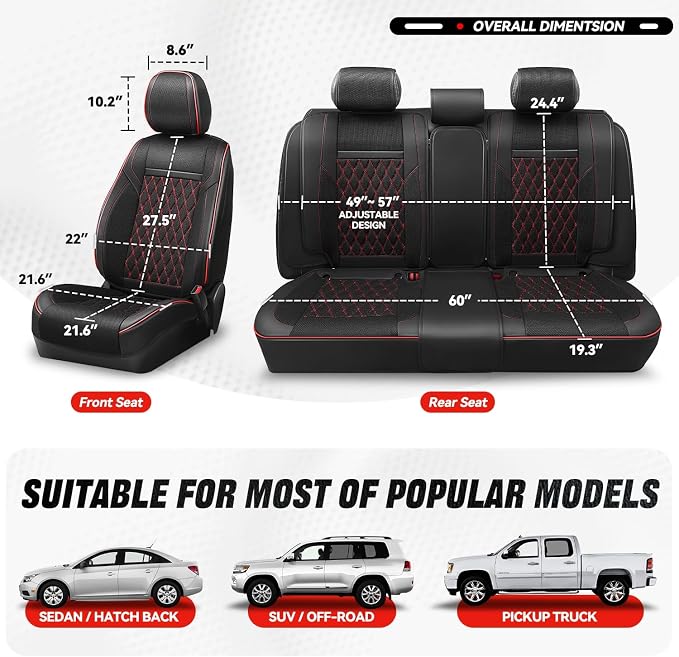Auto Dynasty Car Seat Covers Full Set, Anti-Slip Automotive Interior Covers with Storage Pocket, Breathable Car Seat Protectors, Airbag Compatible, Fit Most Vehicles, Diamond Stitch Mesh Black