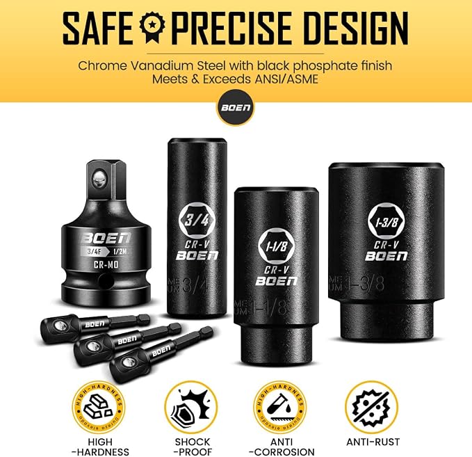 boen 1/2” Drive SAE Impact Socket Set, 3/8" to 1-1/2" Deep Socket, 6-Point Hex Socket with Portable Case, Rugged Construction, CR-V Steel, 24PCS
