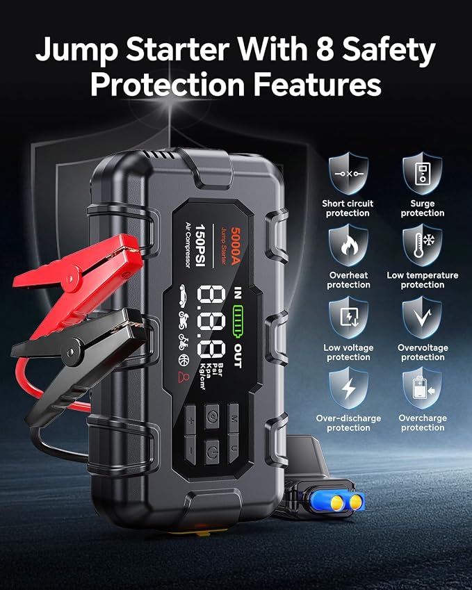 THEKUKU Jump Starter with Air Compressor, 5000A Car Battery Jumper Starter Portable, 12V Jump Box with Display,PD 45W,LED Light, Jumper Cables, and Storage Case